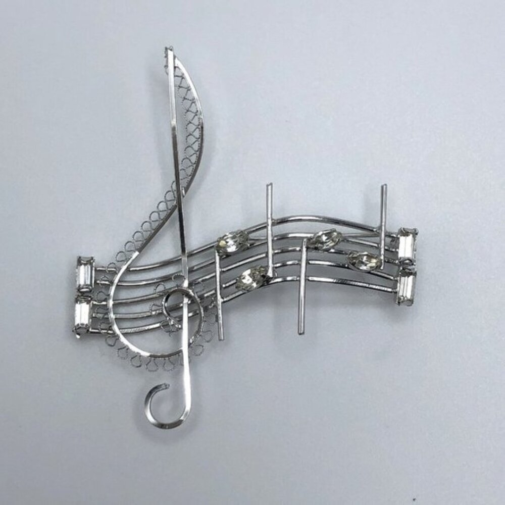 Vintage Music Notes Staff Sterling Silver Rhinestone Brooch Pin Signed JF